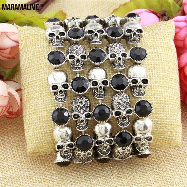 Skull skeleton stretch bracelet for women biker bling jewelry antique gold silver plated W crystal