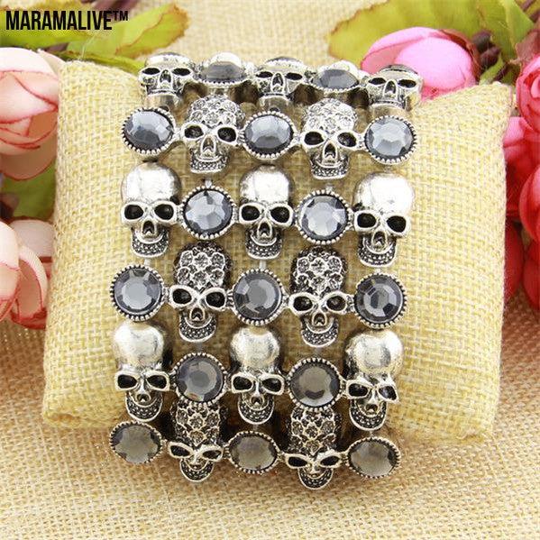 Skull skeleton stretch bracelet for women biker bling jewelry antique gold silver plated W crystal