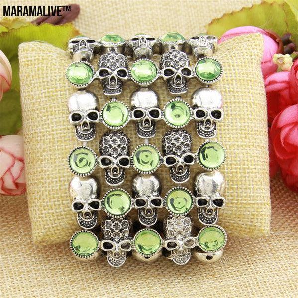 Skull skeleton stretch bracelet for women biker bling jewelry antique gold silver plated W crystal