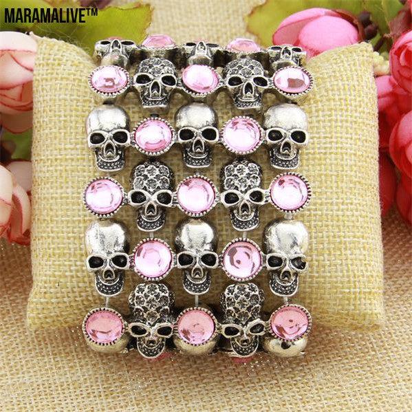 Skull skeleton stretch bracelet for women biker bling jewelry antique gold silver plated W crystal