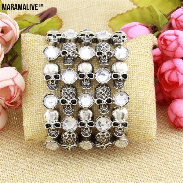 Skull skeleton stretch bracelet for women biker bling jewelry antique gold silver plated W crystal