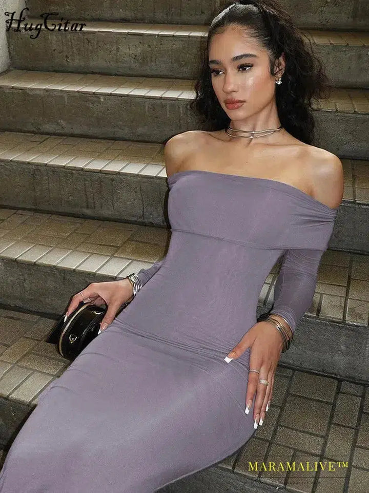 Slash Neck Long Sleeve Solid Elegant Sexy Slim Bodycon Maxi Prom Dress 2023 Summer Women Y2K Wedding Party Goth Clothes