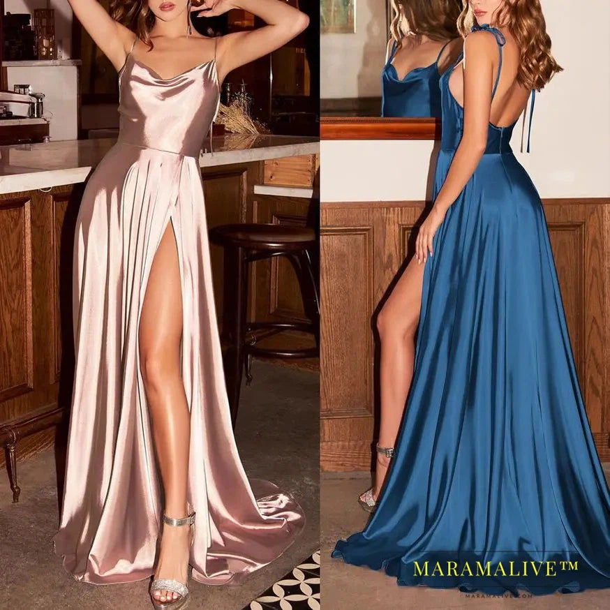 Sleeveless Split Front Backless Satin Maxi Dress Floor Length Long Evening Party A Line Gown