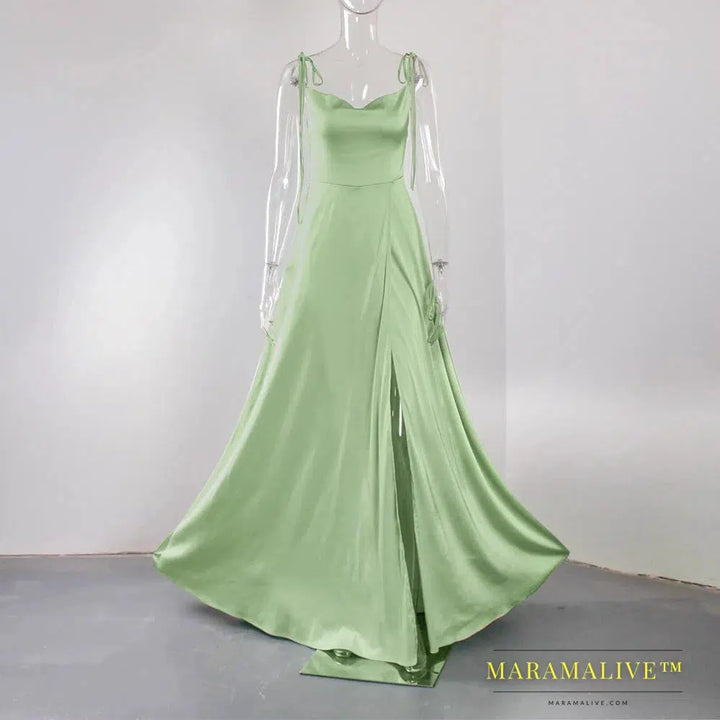 Sleeveless Split Front Backless Satin Maxi Dress Floor Length Long Evening Party A Line Gown