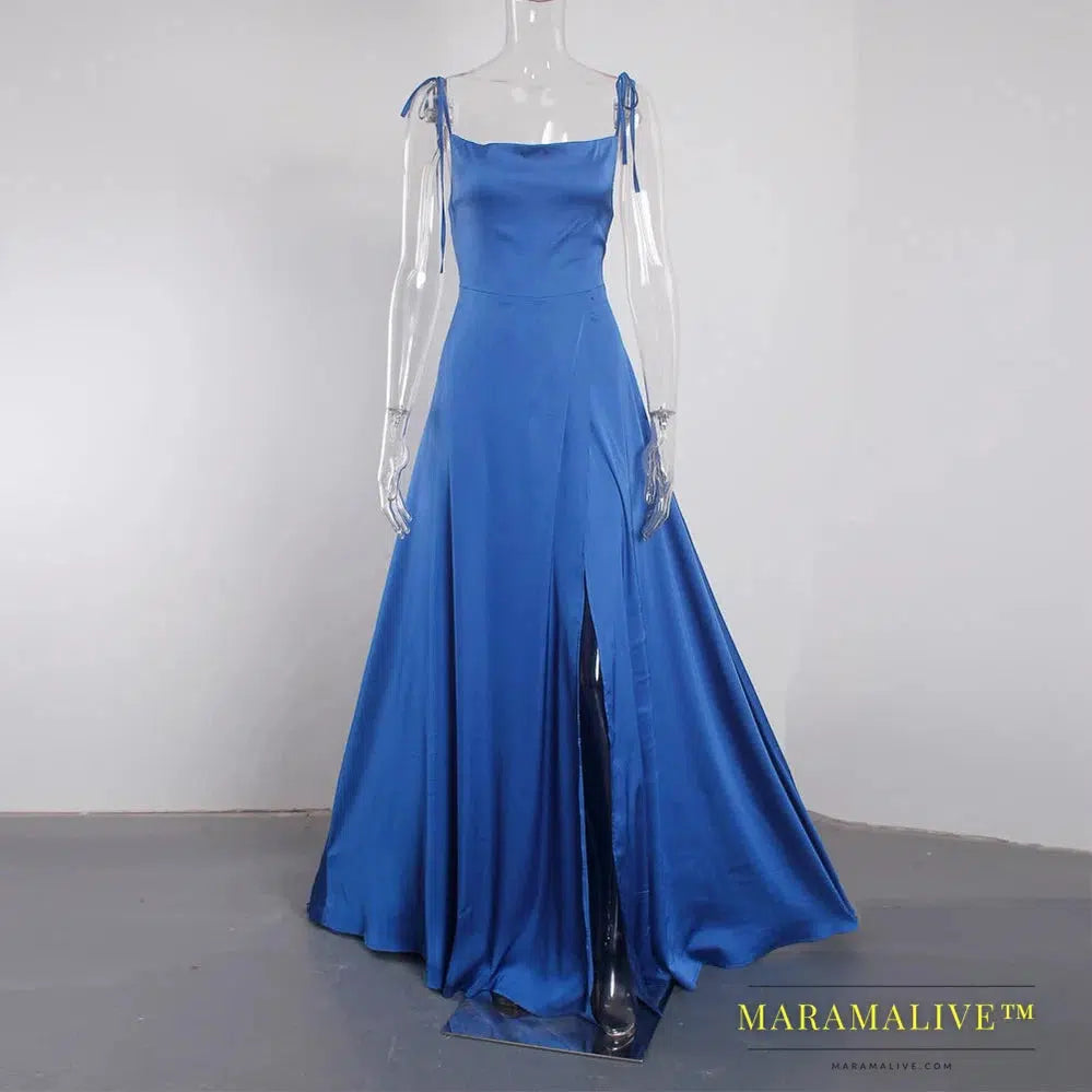 Sleeveless Split Front Backless Satin Maxi Dress Floor Length Long Evening Party A Line Gown