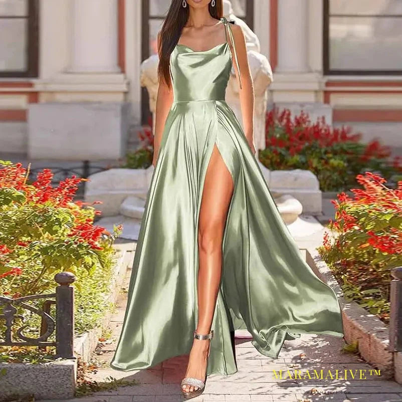 Sleeveless Split Front Backless Satin Maxi Dress Floor Length Long Evening Party A Line Gown