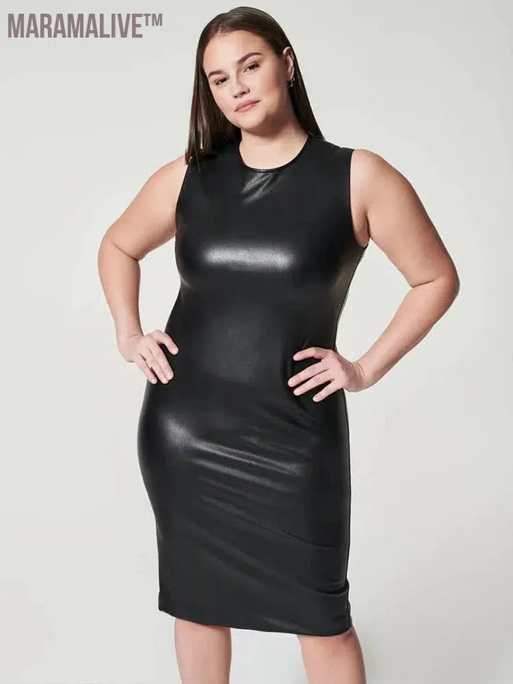 Sleeveless Women Plus Size Faux Leather Dress Stretch PU Tank Mid Dress 5XL 6XL Ladies Summer Sexy Bodycon Dress Hem Split 7XL