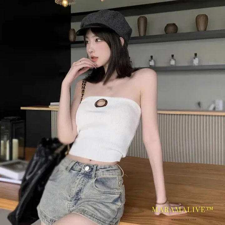 Slim Sexy American Retro Fashion Expose Navel Knitted Dopamine Sleeveless Camisole Women's Tops Metal Hole