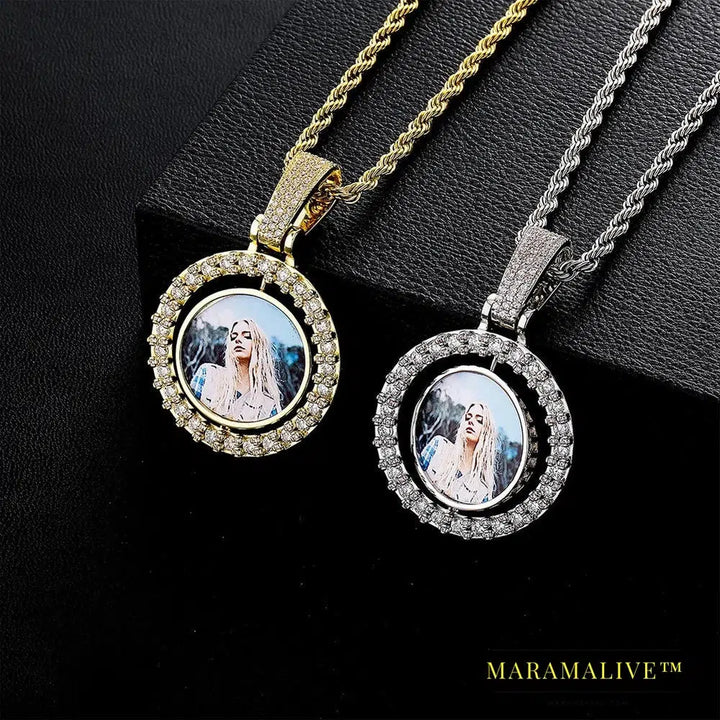 Small Size Custom Made Photo Rotating Double-sided Medallions Pendant Necklace With 4mm Tennis Chain Hip Hop Jewelry