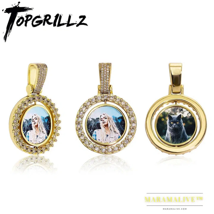 Small Size Custom Made Photo Rotating Double-sided Medallions Pendant Necklace With 4mm Tennis Chain Hip Hop Jewelry