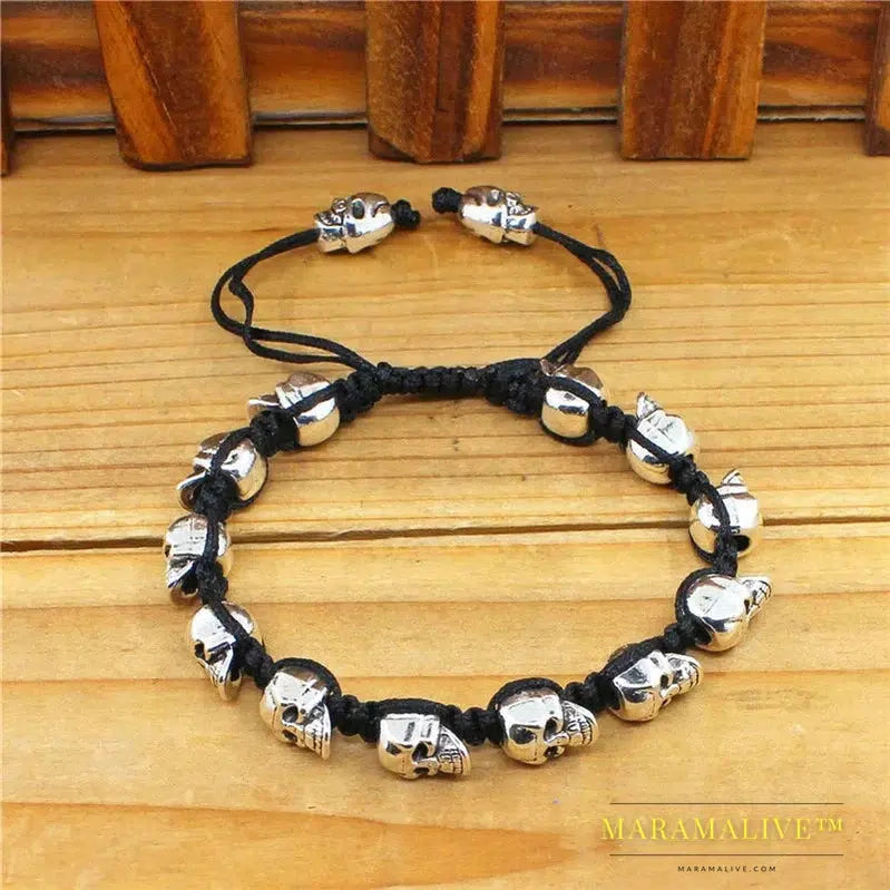 Smile Skull Skeleton Bead Bracelets Strand Vintage Boho Antique Silver Plated Handmade Rope Woven Craft Fashion Jewelry