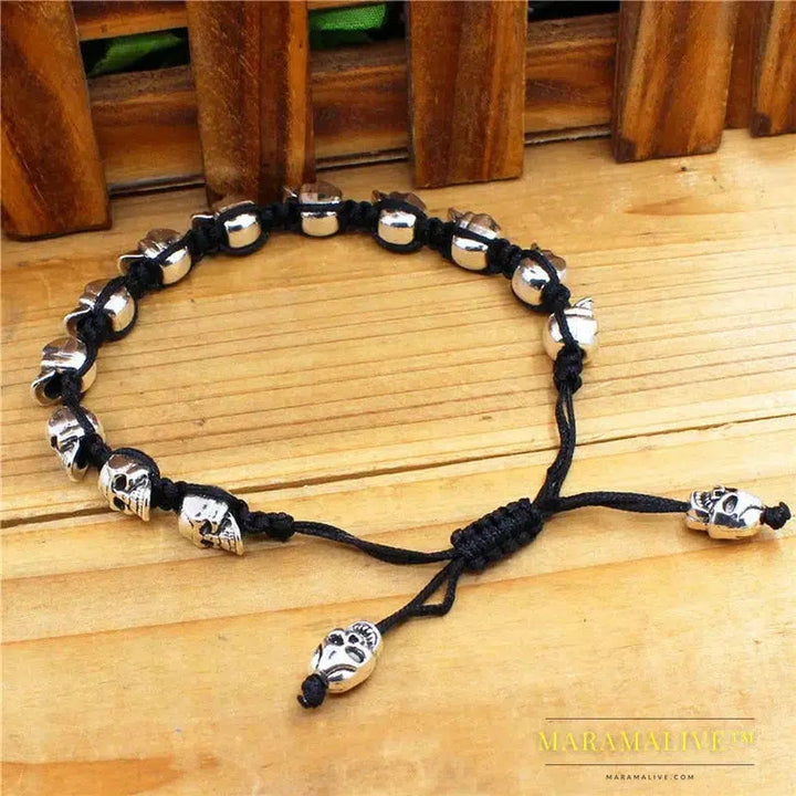 Smile Skull Skeleton Bead Bracelets Strand Vintage Boho Antique Silver Plated Handmade Rope Woven Craft Fashion Jewelry