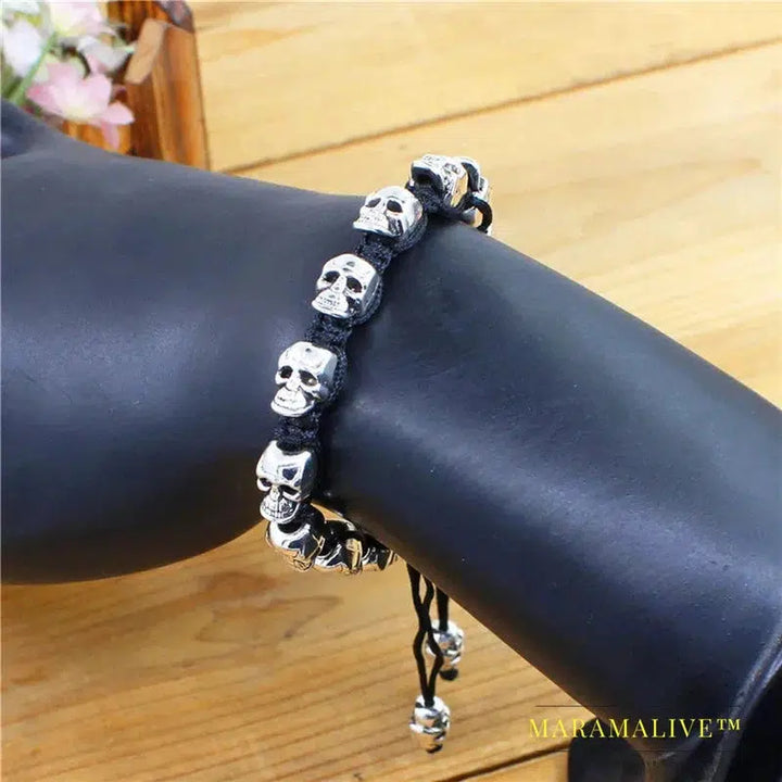 Smile Skull Skeleton Bead Bracelets Strand Vintage Boho Antique Silver Plated Handmade Rope Woven Craft Fashion Jewelry