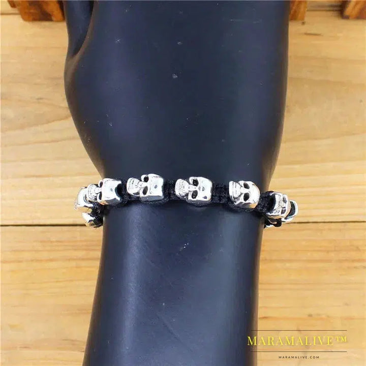 Smile Skull Skeleton Bead Bracelets Strand Vintage Boho Antique Silver Plated Handmade Rope Woven Craft Fashion Jewelry