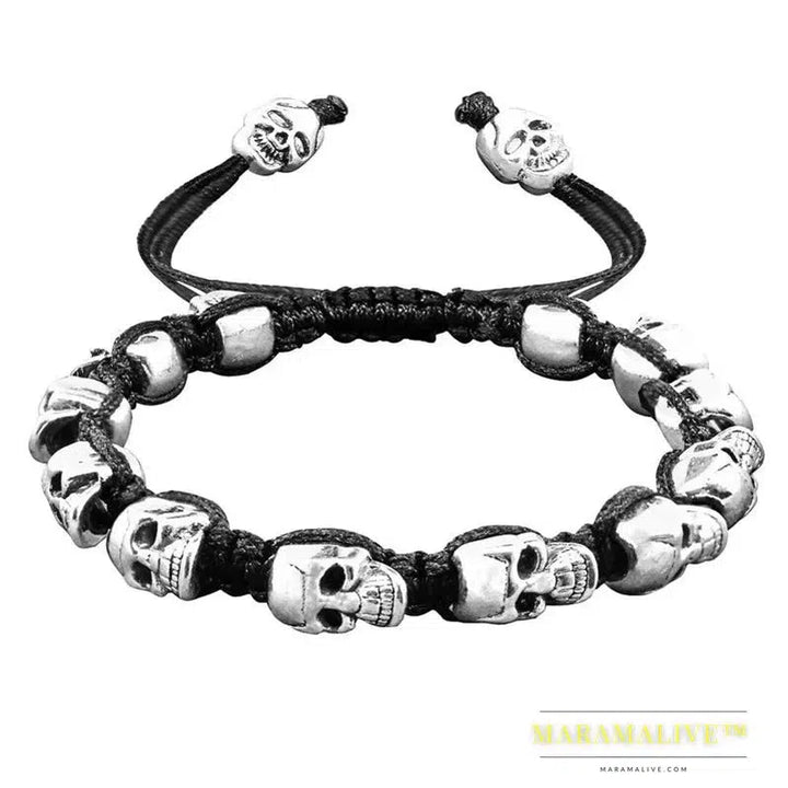 Smile Skull Skeleton Bead Bracelets Strand Vintage Boho Antique Silver Plated Handmade Rope Woven Craft Fashion Jewelry