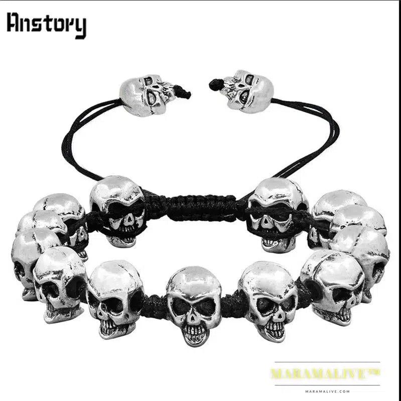 Smile Skull Skeleton Bead Bracelets Strand Vintage Boho Antique Silver Plated Handmade Rope Woven Craft Fashion Jewelry