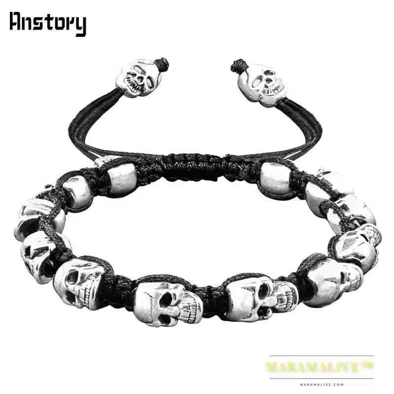 Smile Skull Skeleton Bead Bracelets Strand Vintage Boho Antique Silver Plated Handmade Rope Woven Craft Fashion Jewelry