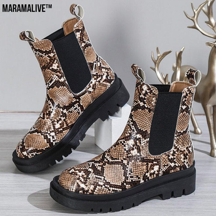 Snakeskin Ankle Boots Slip On Platform Shoes Women