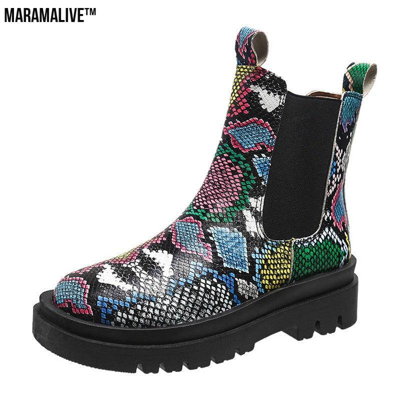 Snakeskin Ankle Boots Slip On Platform Shoes Women