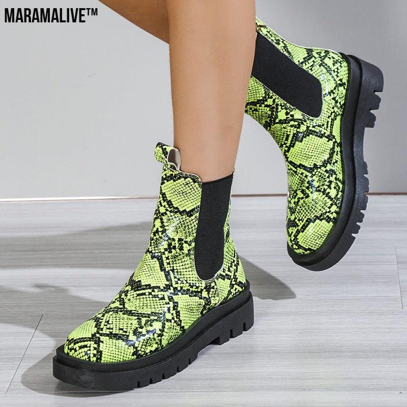 Snakeskin Ankle Boots Slip On Platform Shoes Women