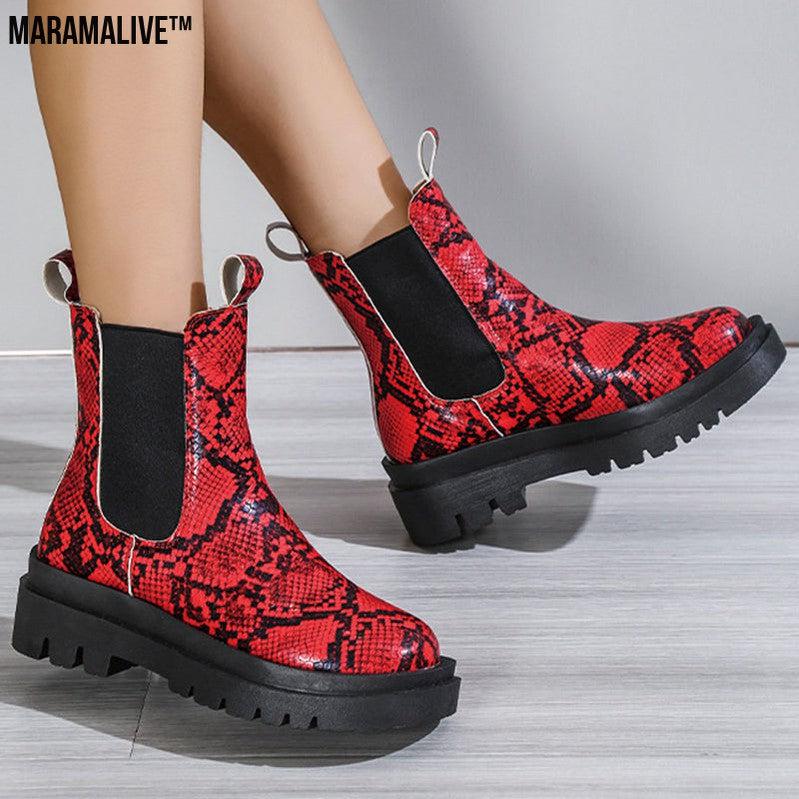 Snakeskin Ankle Boots Slip On Platform Shoes Women