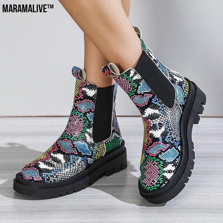 Snakeskin Ankle Boots Slip On Platform Shoes Women