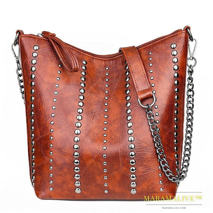 Soft Leather Studded Large Capacity Shoulder Crossbody Bag