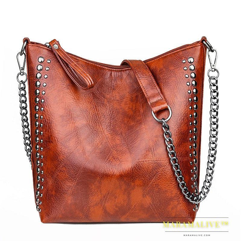 Soft Leather Studded Large Capacity Shoulder Crossbody Bag