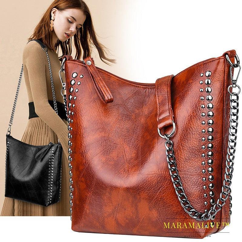 Soft Leather Studded Large Capacity Shoulder Crossbody Bag