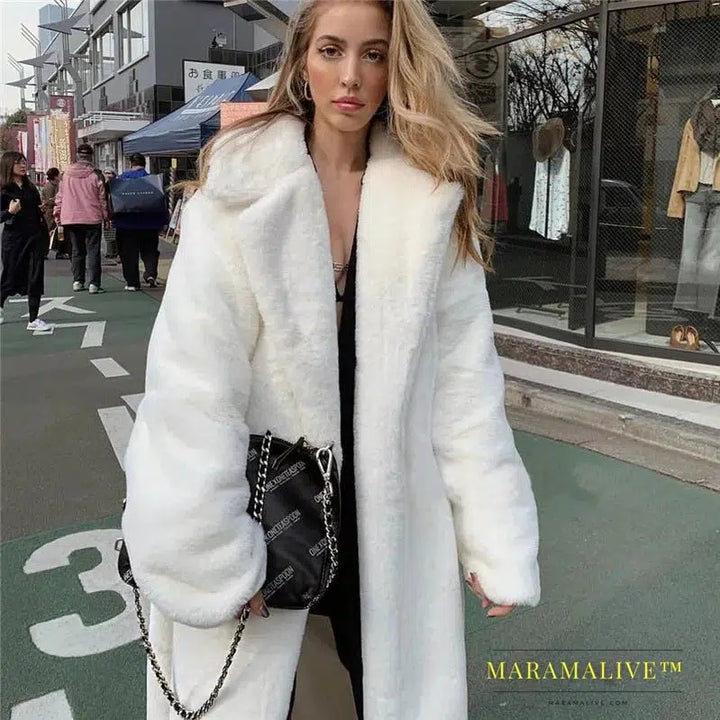 Solid Color Faux Fur Coat Women Long White Fluffy Warm d Coat Hood Lapel Sashes Loose Fashion Outerwear