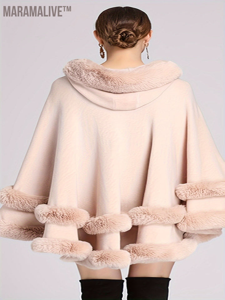 Solid Faux Fur Trim Cape, Elegant Thermal Tiered Cape For Fall & Winter, Women's Clothing