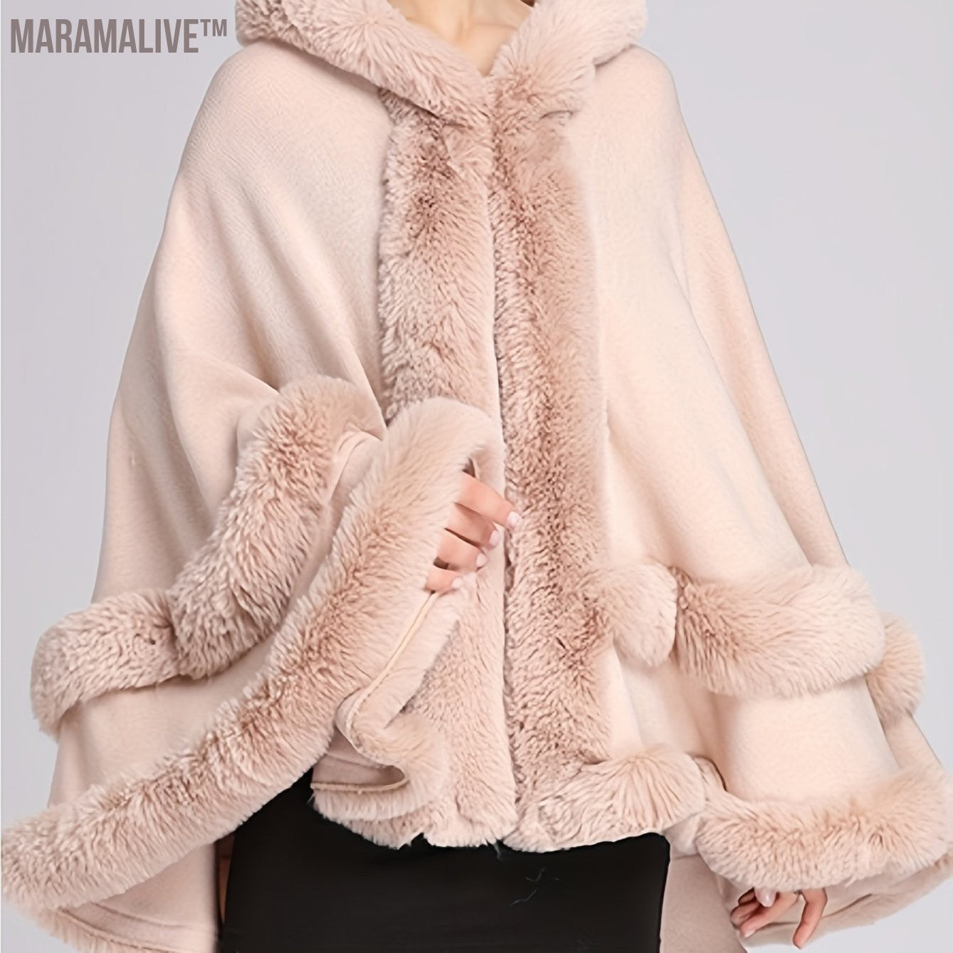 Solid Faux Fur Trim Cape, Elegant Thermal Tiered Cape For Fall & Winter, Women's Clothing