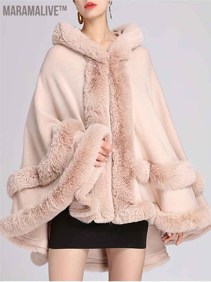 Solid Faux Fur Trim Cape, Elegant Thermal Tiered Cape For Fall & Winter, Women's Clothing