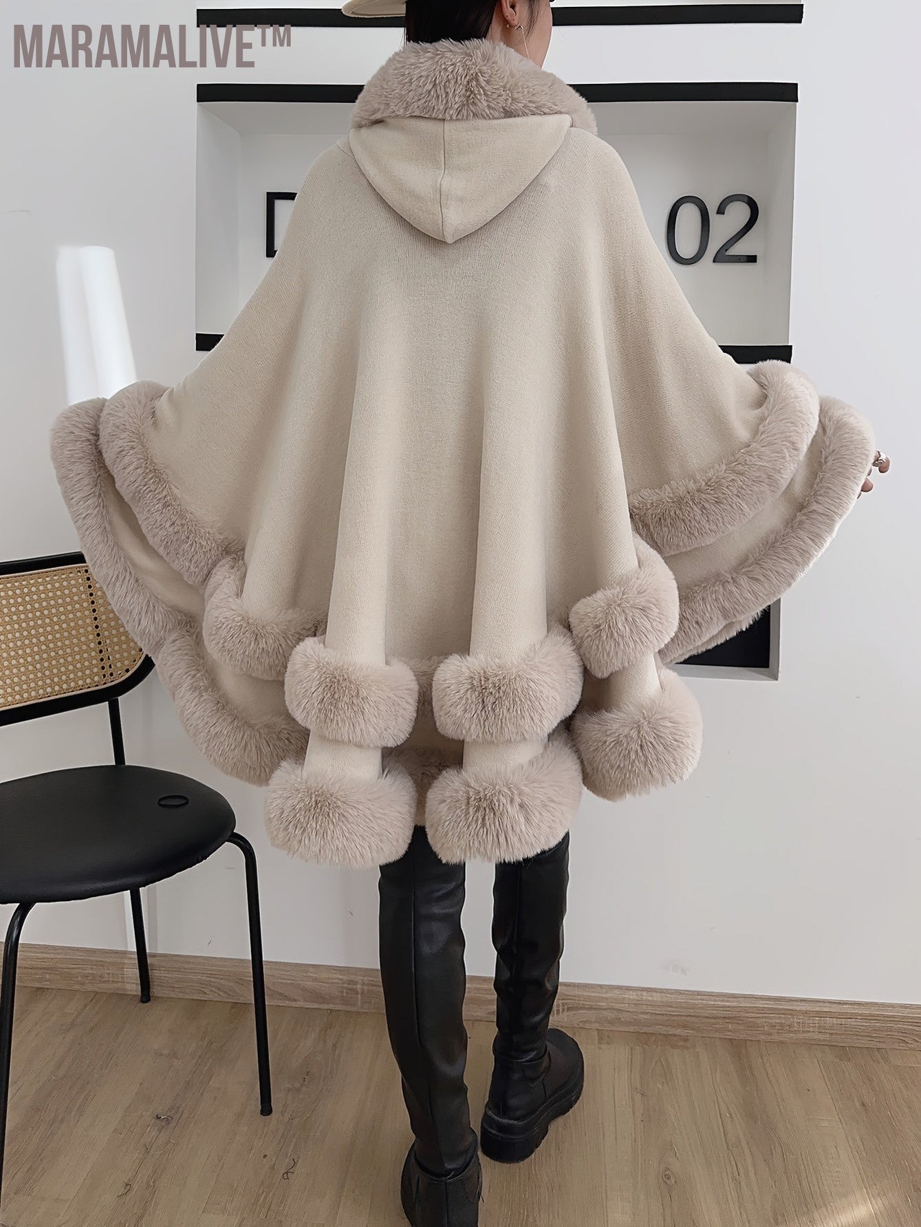 Solid Faux Fur Trim Cape, Elegant Thermal Tiered Cape For Fall & Winter, Women's Clothing