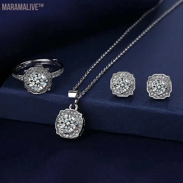 Solitaire Lab Diamond Jewelry set 925 Sterling Silver Party Wedding Rings Earrings Necklace For Women Bridal Moissanite Jewelry