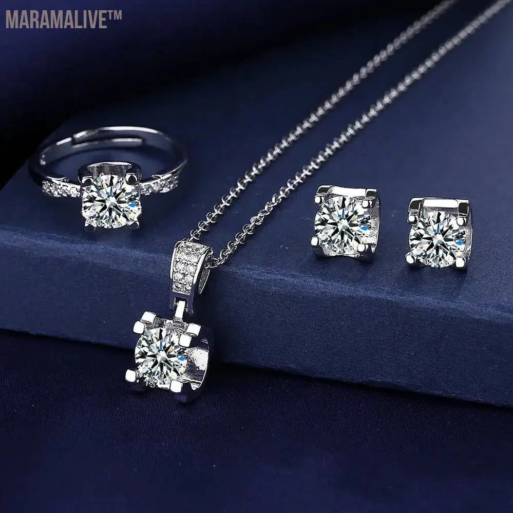 Solitaire Lab Diamond Jewelry set 925 Sterling Silver Party Wedding Rings Earrings Necklace For Women Bridal Moissanite Jewelry