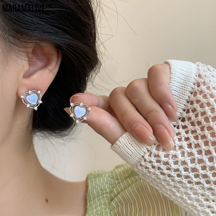 Sparkling Opal Heart Shape With Diamond Stud Earrings