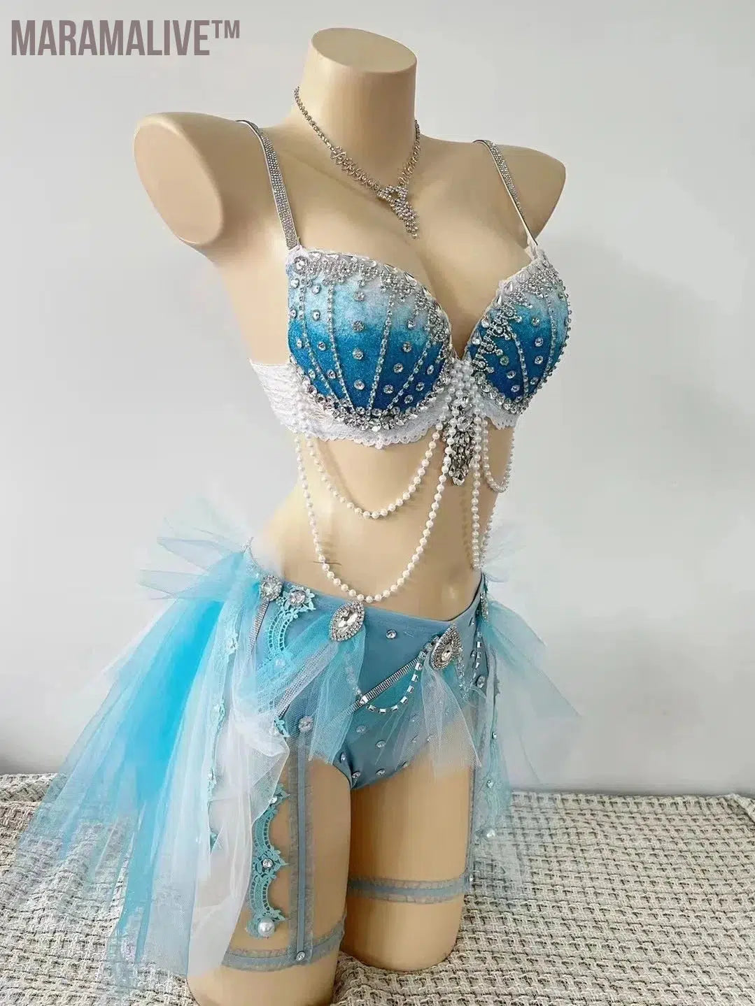 Sparkling Pearl Tassels Sexy Gathering Bikini Outfits Bar Nightclub Female Singer Dancer Stage Party Rave Music Festival Set