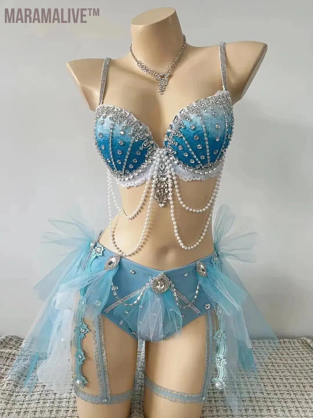 Sparkling Pearl Tassels Sexy Gathering Bikini Outfits Bar Nightclub Female Singer Dancer Stage Party Rave Music Festival Set