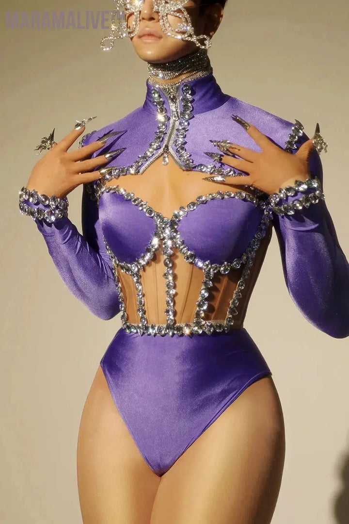 Sparkly Rhinestone Bodysuits for Women Long Sleeve Body Suits Outfits Set Dance Drag Queen Costume Pole Dance Leotard