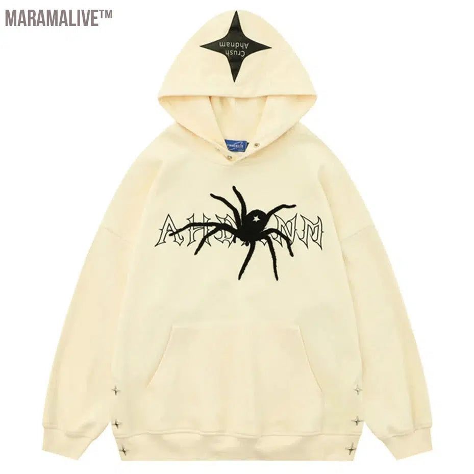 Spider Embroidery Pullover Hoodies 2024 Men Harajuku Oversized Hip Hop Hoodie Black Beige Loose Casual Sweatshirts Y2K