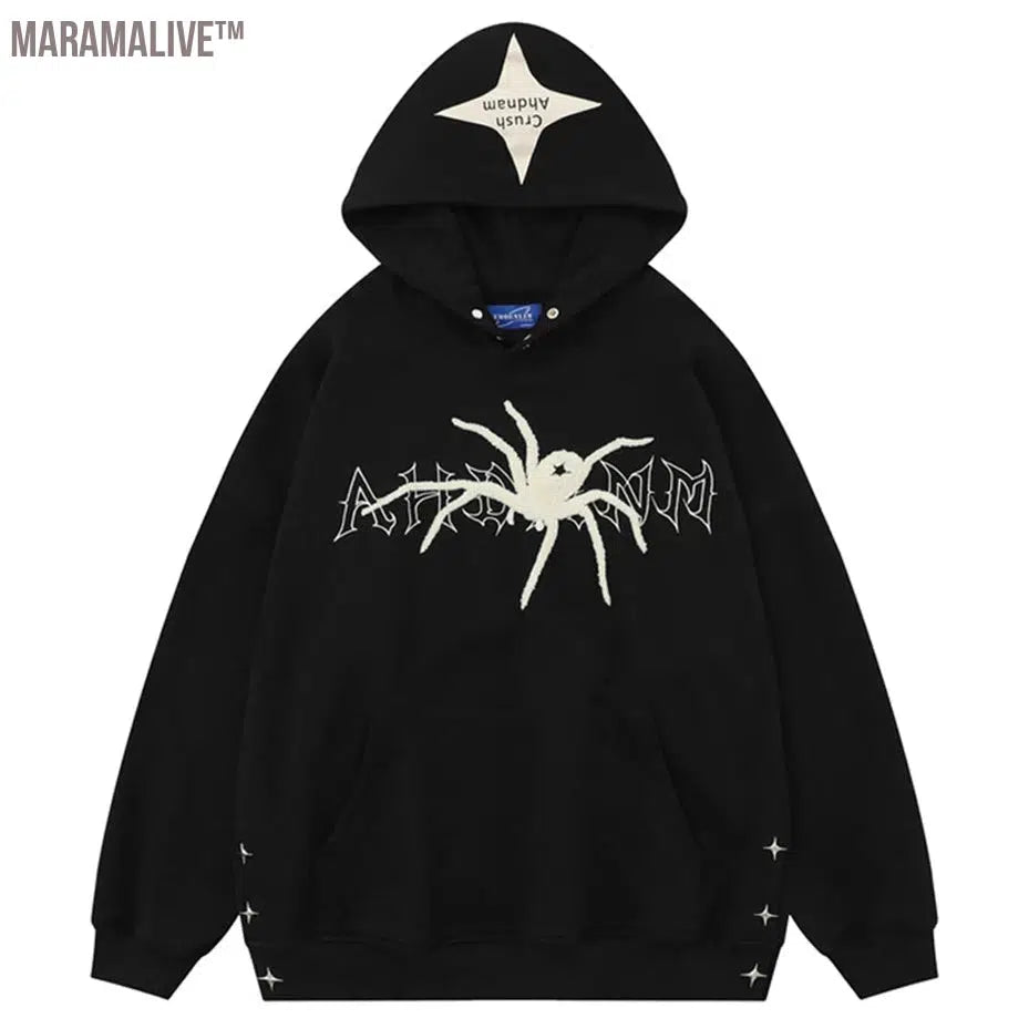 Spider Embroidery Pullover Hoodies 2024 Men Harajuku Oversized Hip Hop Hoodie Black Beige Loose Casual Sweatshirts Y2K