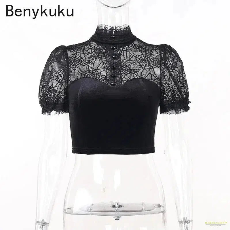 Spider Print Sexy Lace See Through Tops Tee T-Shirt Women Mock Neck Short Sleeve Hip Hop Y2k Punk Gothic Clothing Goth Crop Tops