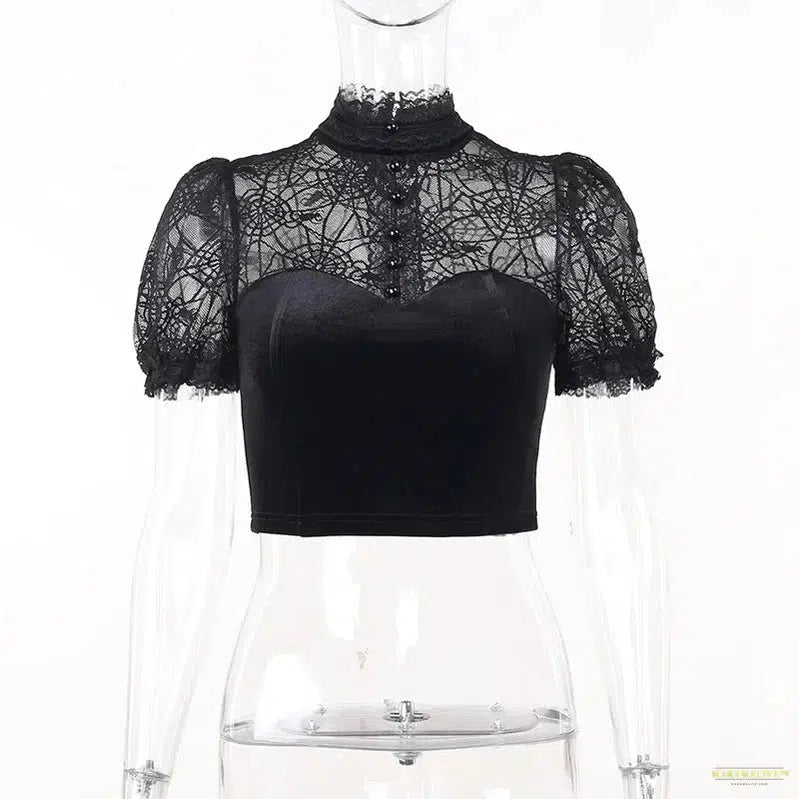 Spider Print Sexy Lace See Through Tops Tee T-Shirt Women Mock Neck Short Sleeve Hip Hop Y2k Punk Gothic Clothing Goth Crop Tops