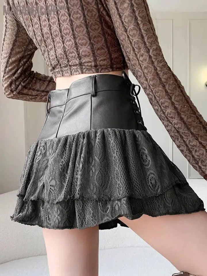 Splicing Irregular PU Leather Short Skirt Sexy A-line Slimming Lace Cake Mini Skirt High Quality 2024 Fashion Women's Clothing