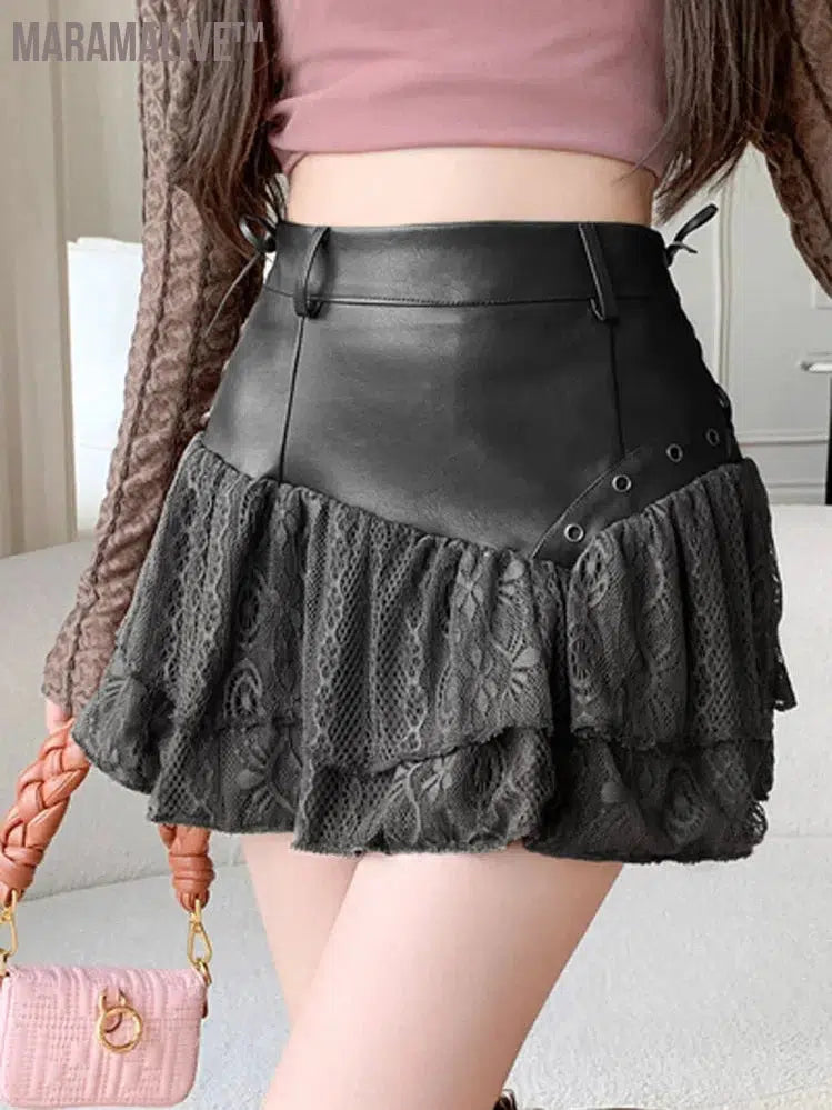 Splicing Irregular PU Leather Short Skirt Sexy A-line Slimming Lace Cake Mini Skirt High Quality 2024 Fashion Women's Clothing