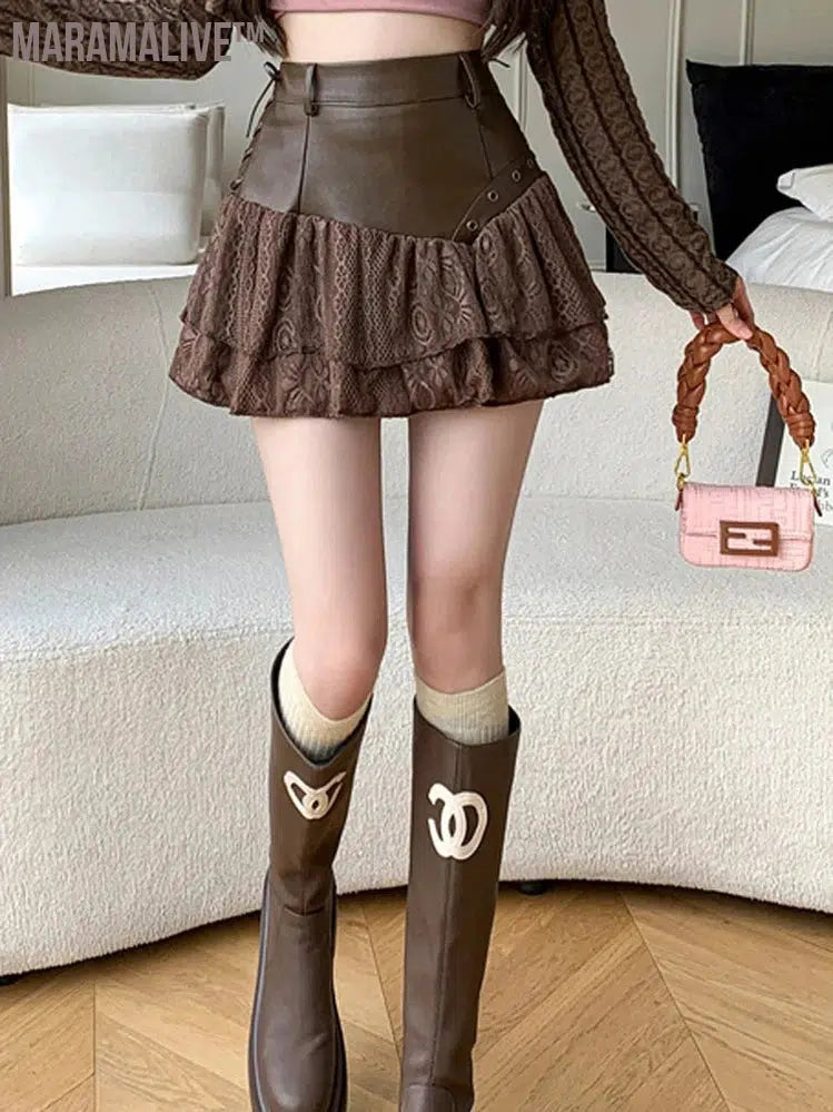 Splicing Irregular PU Leather Short Skirt Sexy A-line Slimming Lace Cake Mini Skirt High Quality 2024 Fashion Women's Clothing