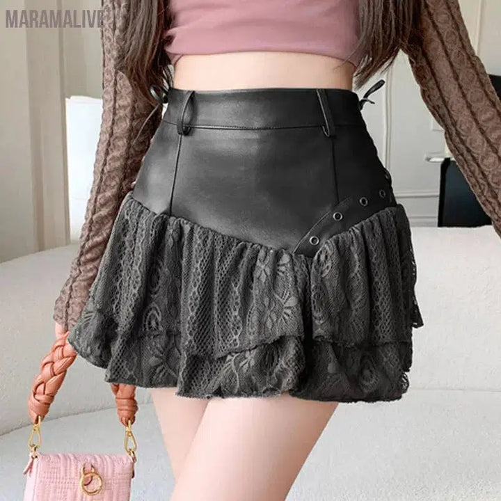 Splicing Irregular PU Leather Short Skirt Sexy A-line Slimming Lace Cake Mini Skirt High Quality 2024 Fashion Women's Clothing