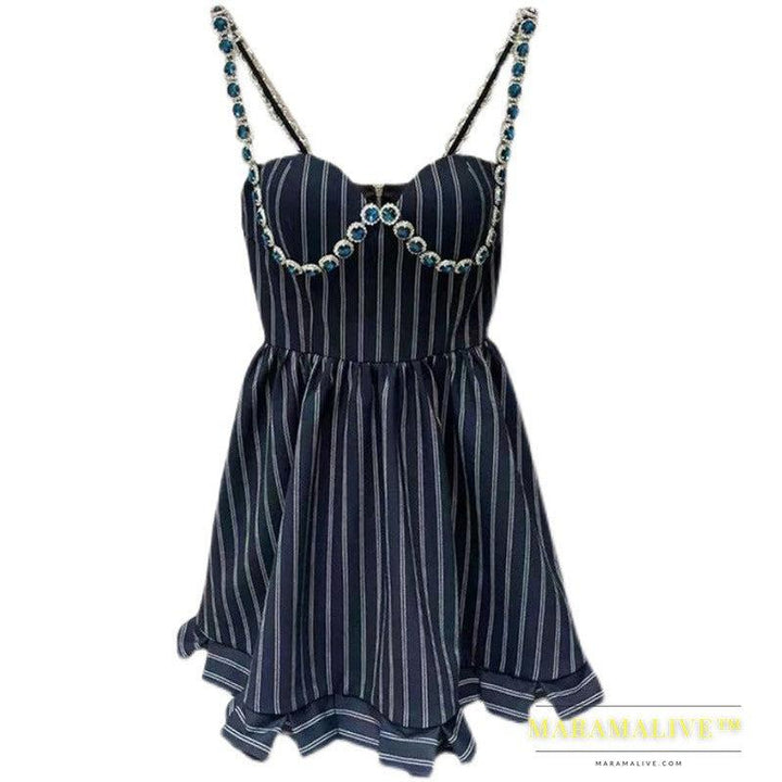 Spot Ladies Style Diamond-studded Striped Halter Strap Light Luxury Waist Ruffled A-line Skirt