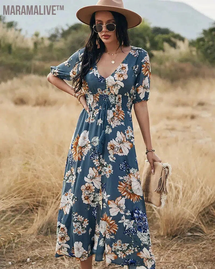 Spring And Summer Women's Clothing A-Line Short Sleeve Floral Print Dress Hight Waist Split Dresses V Neck Casual Vacation Dress